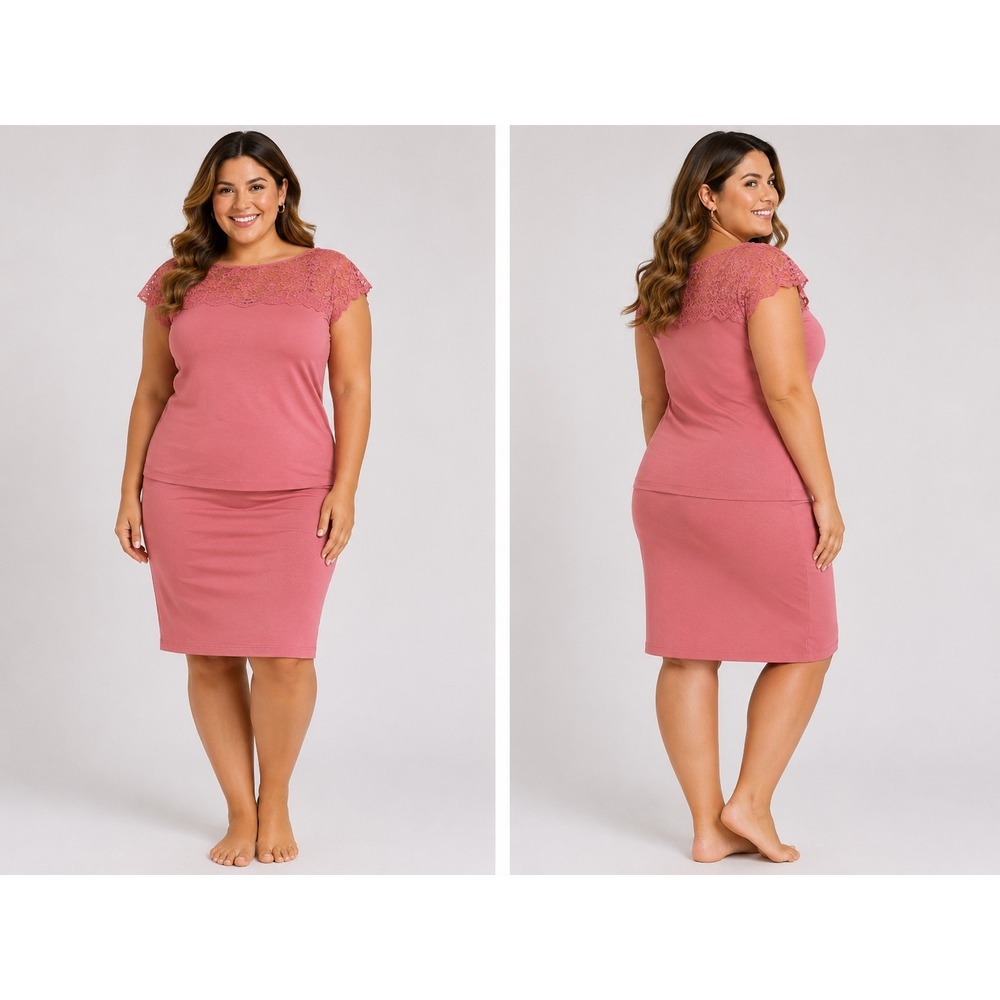 Soho Lady Pink Floral Lace Yoke Top and Skirt Set‎ Plus Size One Size